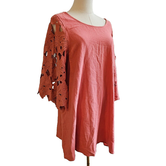 Umgee Dresses & Skirts - Umgee Babydoll Dress Dark Coral Orange Oversized Lace Bell Sleeves Autumn Medium
